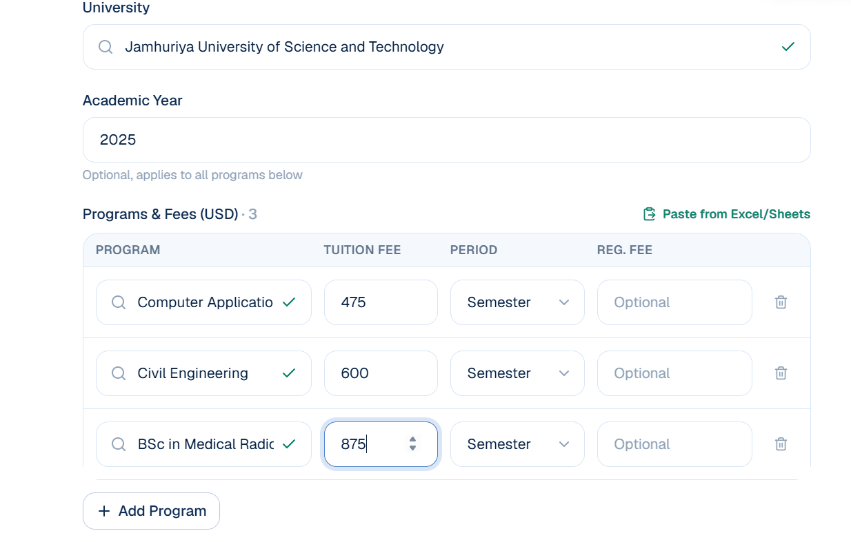 Adding multiple program fees at once by pasting them from a spreadsheet on JaaSom