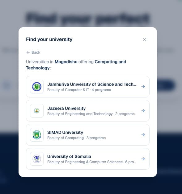 Matched universities in the Find Your University quiz