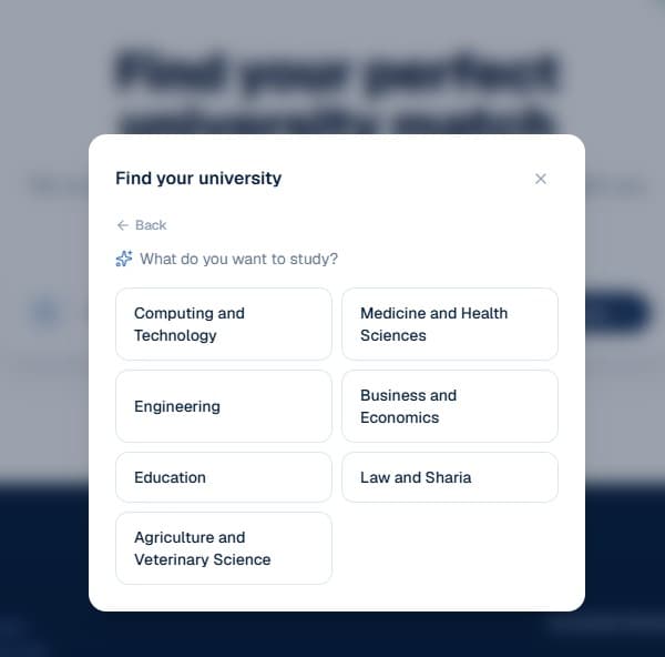 Choosing a subject in the Find Your University quiz