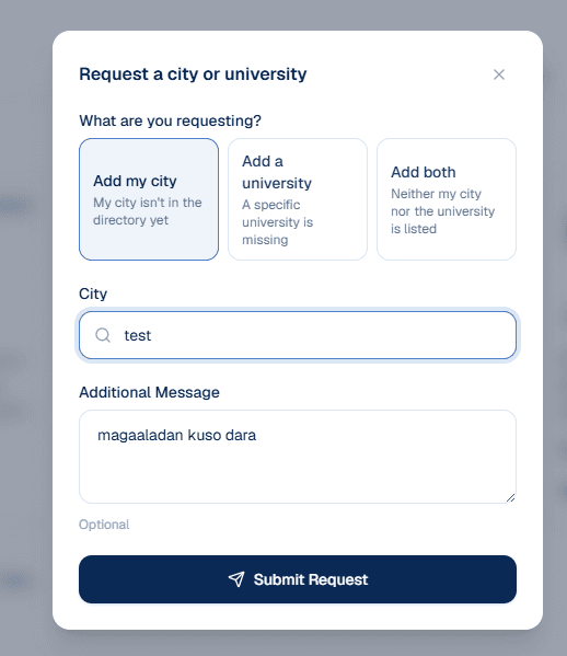 Requesting a city or university to be added to JaaSom